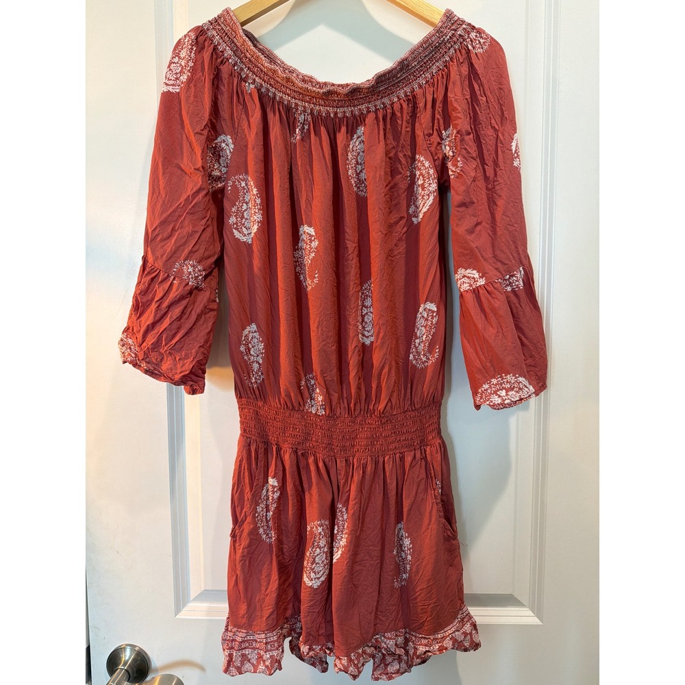 Lascana Womens Paisley Off Shoulder Romper Rust Orange Smocked Bell Sleeve Sz 8